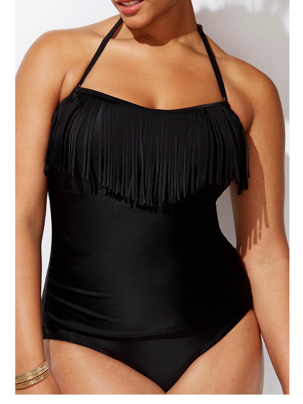 Swimsuits For All Black Fringe Halter One-Piece Swimsuit